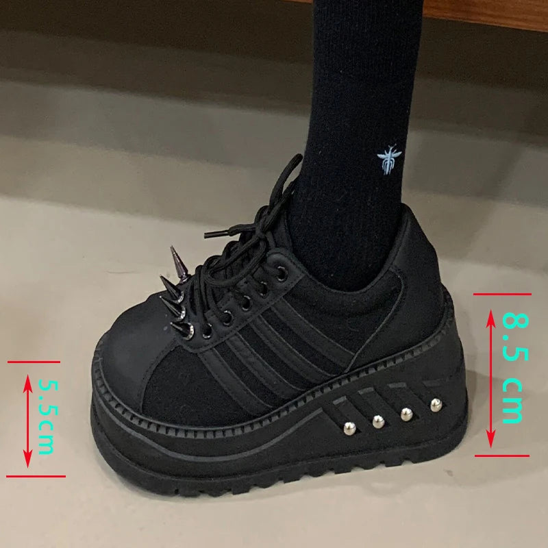 British Style Women's Flats Spring New Thick Heel 8.5cm Slope High Heels Platform Shoes PU Leather Round Toe Comfortable Slip-On