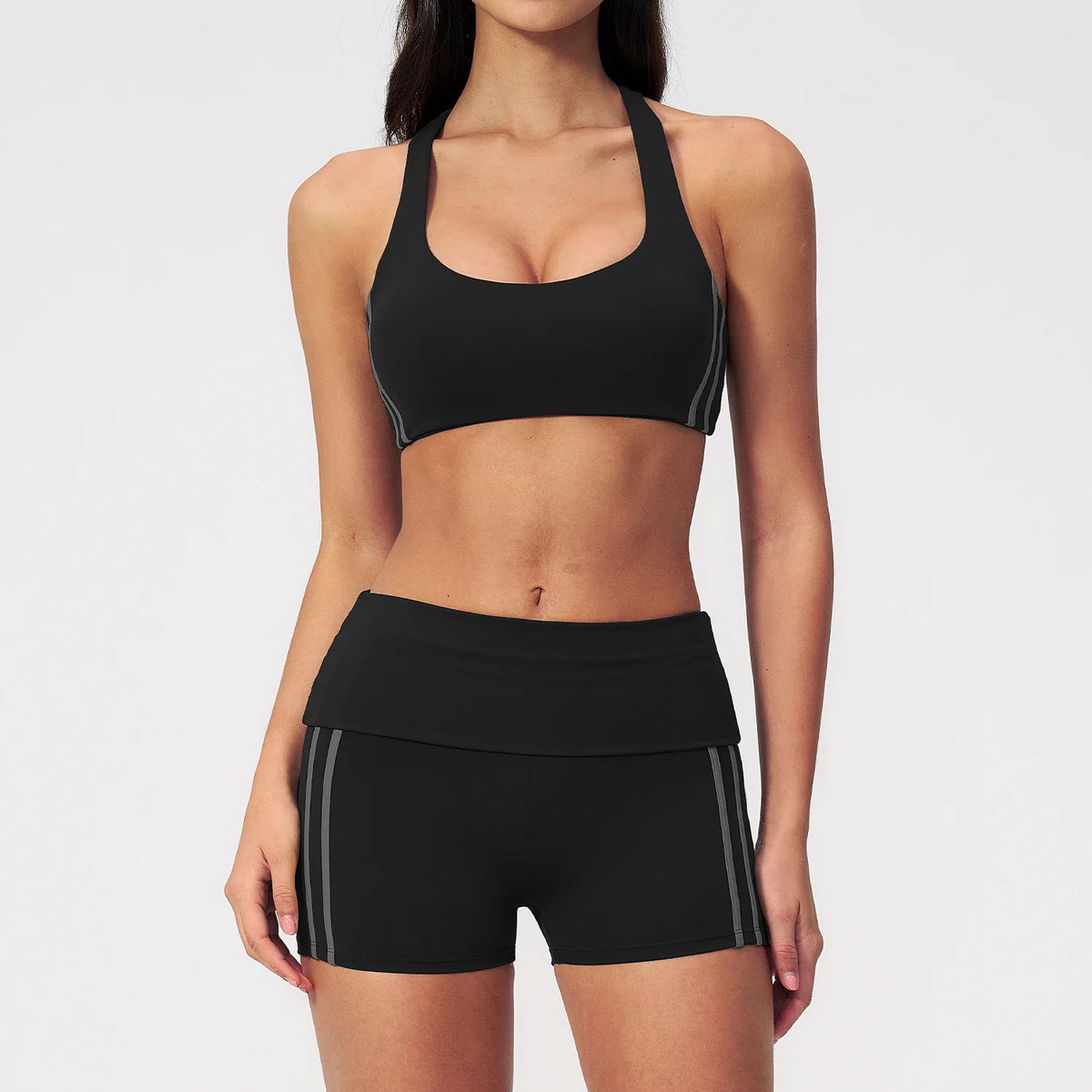 Tight Color Contrast Yoga Suit 2 Pieces Women V Neck Sports Bra Pleate High Waist Shorts Gym Running Fitness Suits Tracksuit