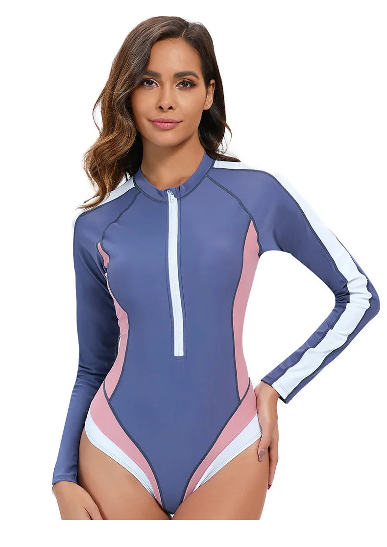 Long Sleeved Sun Protection One-piece Sports Swimsuit for Women High Elasticity Slim Zipper Sports Bikini Monokini Surfing Suit