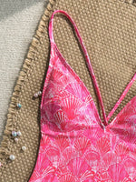 Sexy Pink Floral Print Swimwear Women 2026 Deep V Neck Slim Tummy Control One Piece Swimsuit Beach Hoiday Bathing Suit Monokini