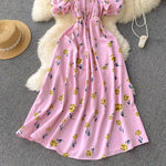 2025 Summer French Vintage Floral Dress Fashion Elegant High-Waisted Drawstring Vestidos Printed Fresh And Sweet Long Dresses