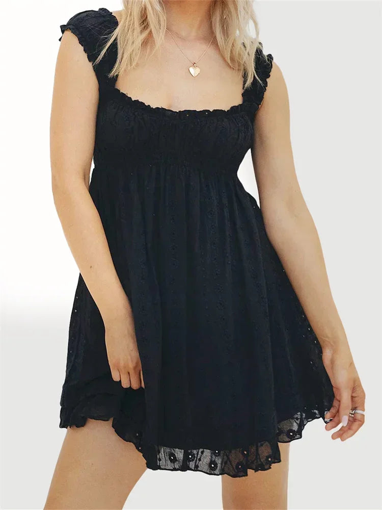 Women Summer Sleeveless Dress Floral Embroidery Hollow Loose A-line Dress for Party Beach Club Streetwear