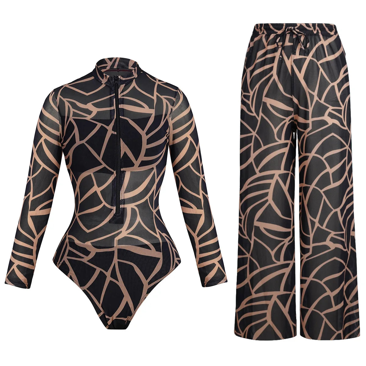 Long Sleeve Sheer Sun Protection One-Piece Set Swimsuit 2026 Women Sexy Rash Guard Swimwear Bodysuit Beachwear With Cover up