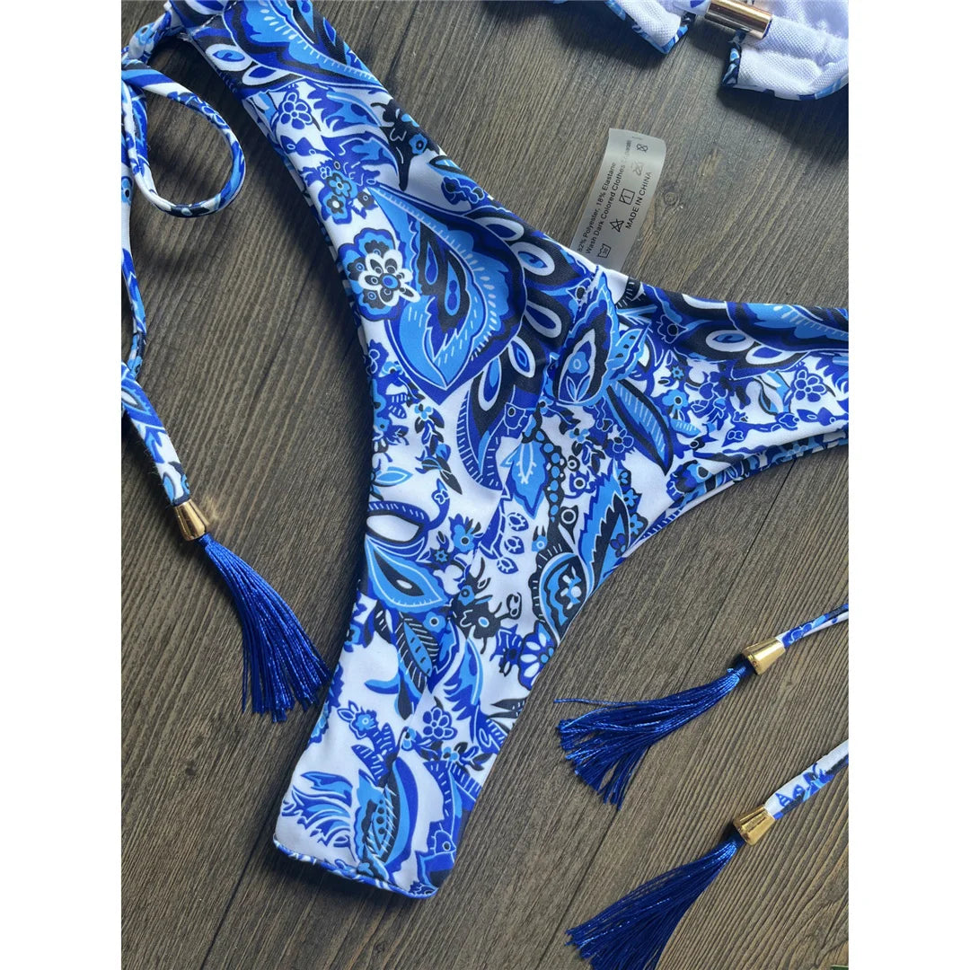 Sexy Flowers Printed Halter Brazilian Bikini Female Swimsuit Women Swimwear Two-Pieces Bikini Set Bather Bathing Suit Swim V6070