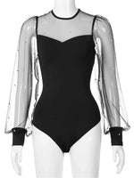 Women Pearl Mesh Puff Sleeve Bodysuit 2024 Fashion Long Sleeve Vintage Body Top Summer Fall Elegant Sexy Blouse Shirts Female