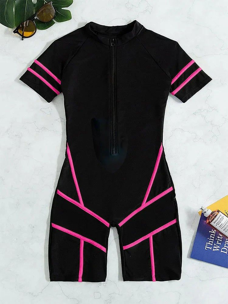 Zipper Mesh Surf One Piece Swimsuit Women Neon Green Solid Black Tummy Control Swimwear Beach Bathing Suit Swimming Set Monokini