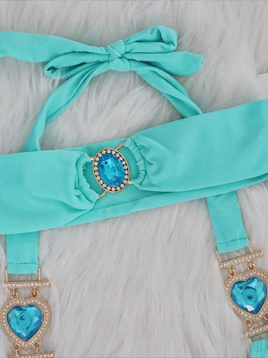 3PCS Halter Jewelled Diamond Bikini Women Swimsuit Female Swimwear Three Pieces Bikini Set Brazilian Hairband Bathing Suit Swim