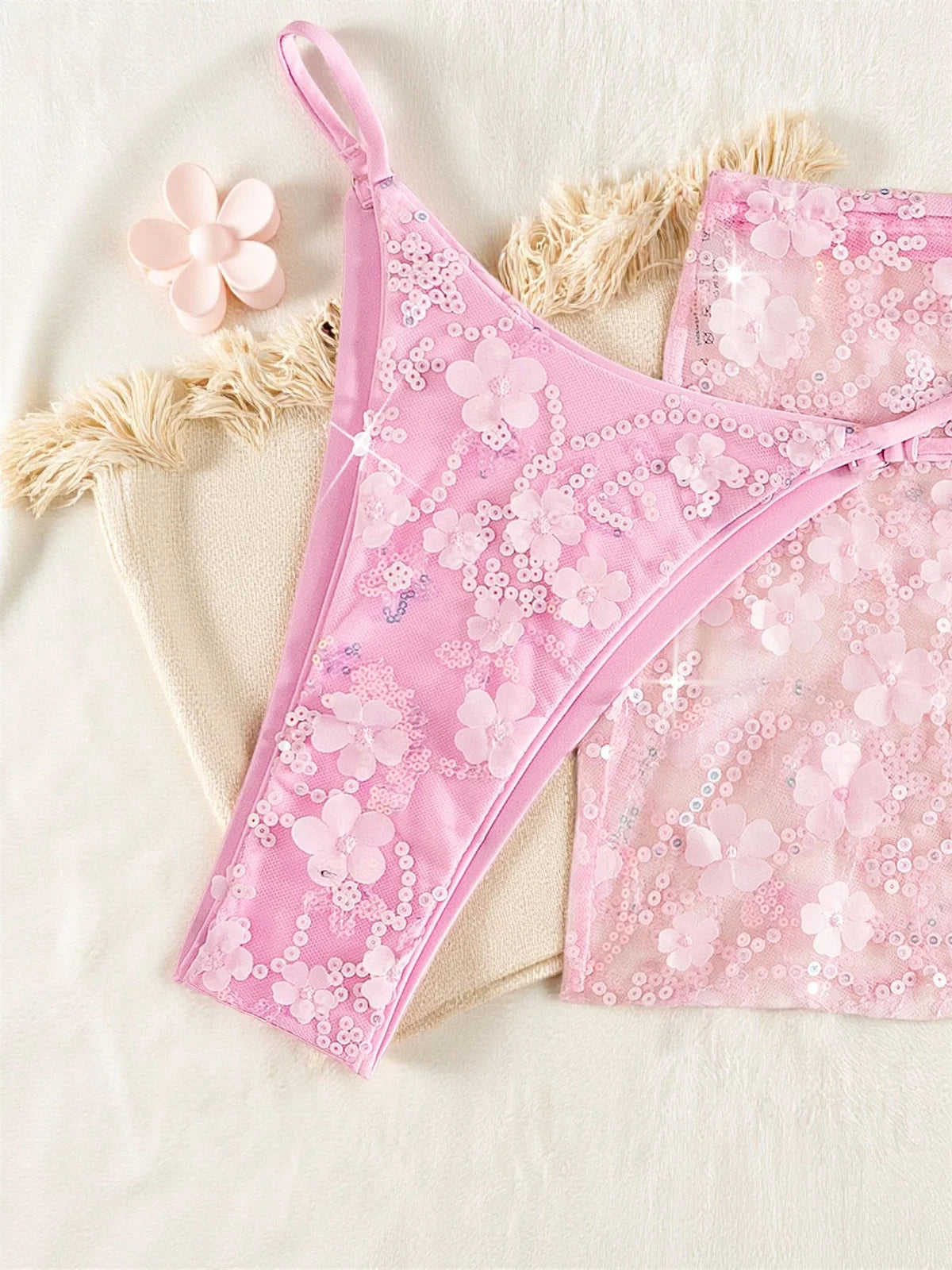 Sexy Sequin Pink Bikini Set Women Shiny Push Up Bra Thong Mesh Drawstring Skirt 3 Piece Swimsuit Bathing Suit Holiday Swimwear