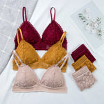 Women Floral Lace Bras Suit Solid Underwear Padded Breathable Vest With Briefs Sexy Hollow Out Bralette Thin Lingerie One Size