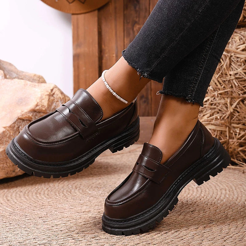 British Style Platform Loafers Women 2026 Autumn Slip On Thick Bottom Pu Leather Pumps Woman Plus Size 43 Office Student Shoes