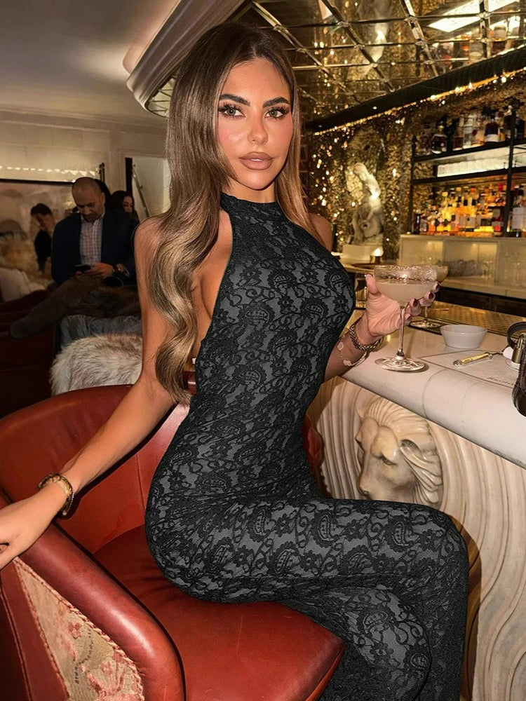 FDYOUI Women's Halter Neck Backless Evening Party Jumpsuits Lady Elegant Sleeveless Lace Overalls One Piece Bodysuit Streetwear