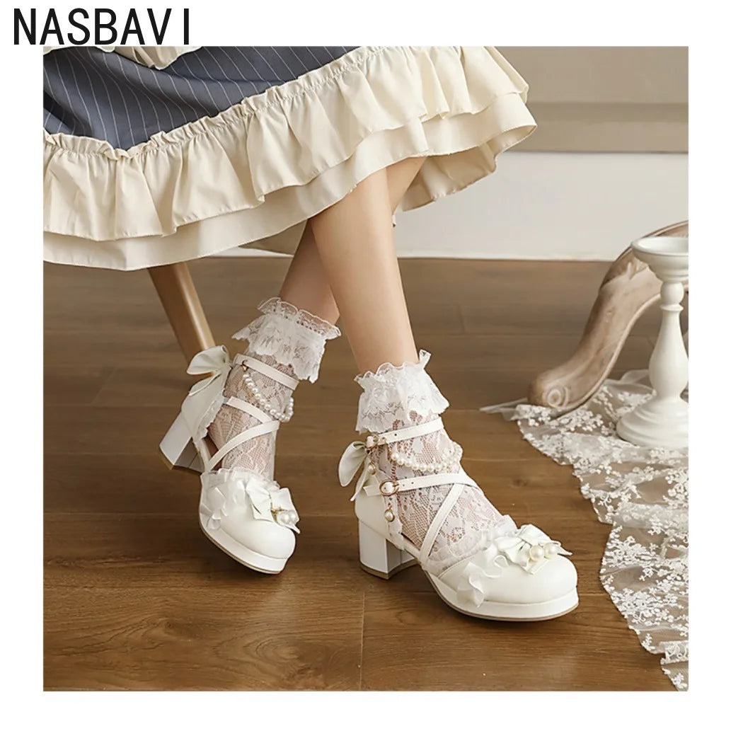 Women's Summer White Buckle Strap Sandals Pink Bowknot Pearls Cross Strap Shoes Black Ruffles High Heels Lady Lolita Party Shoes