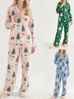 Women's 2025 Christmas Pajama Set Long Sleeve Lapel Santa Claus Christmas Tree Print Shirt Pants Two Pieces Sleepwear