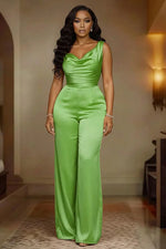Sexy Swing Collar Waisted Solid Satin Jumpsuit Fashion Commute Wide Leg Pants Romper Women Casual Sleeveless Pleat Long Playsuit
