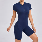 Padded Backless Yoga Cycling jumpsuitWomen Zipper GYM Sportswear Fitness One Piece Sports Suit V Back Workout Playsuit