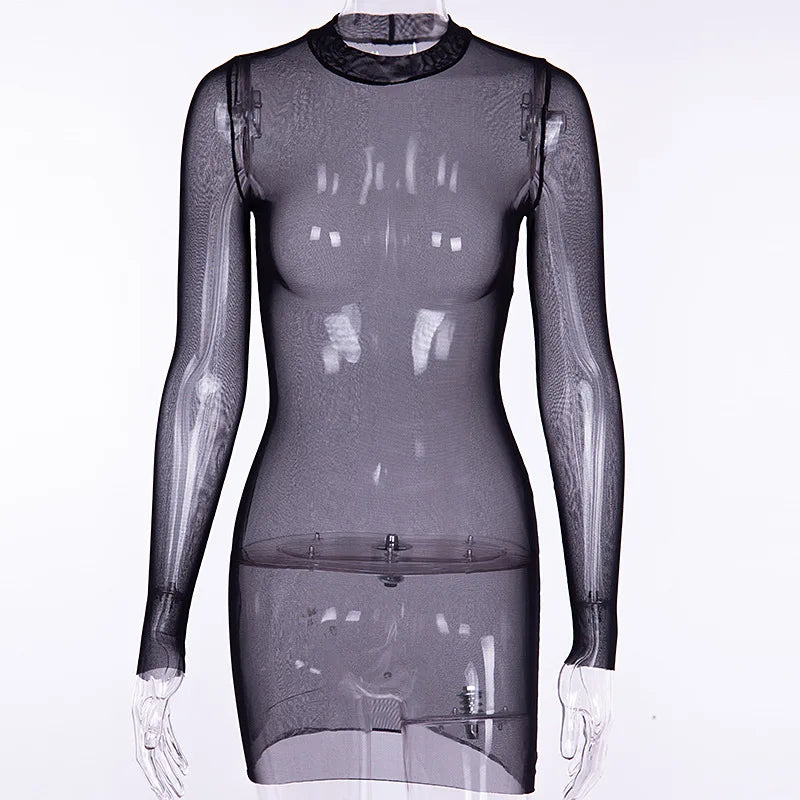 Women Mesh Dress Spring Autumn Sexy Sheer Mesh Long Sleeve Package Hip Sheath Dress Lady Sexy Club Body Wrap Mini Short Vestidos