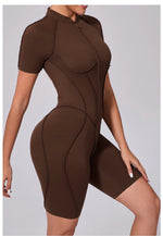 Summer Zipper Workout Jumpsuit Sports Overalls Women Running Fitness Short Sleeve Yoga Bodysuit