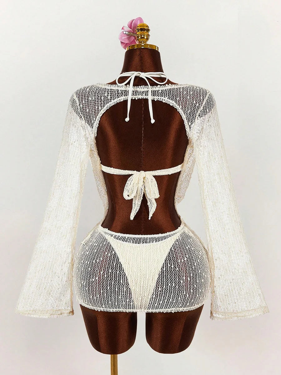 Long Sleeve Mesh Sheer Cover Up Halter Bikini Female Swimsuit Women Swimwear Three-piece Bikini Set Bathing Suit Swim Beachwear