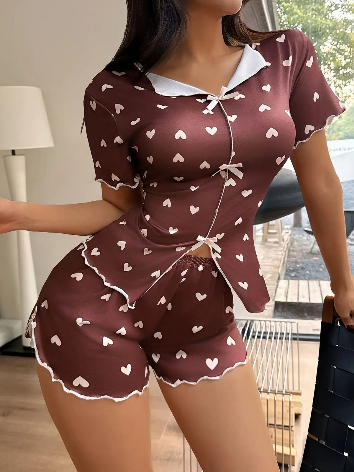 Women's Sleepwear Pajama Set Top and Shorts 2-piece Pajama Set Love Printed Lapel Bow Women's Loungewear