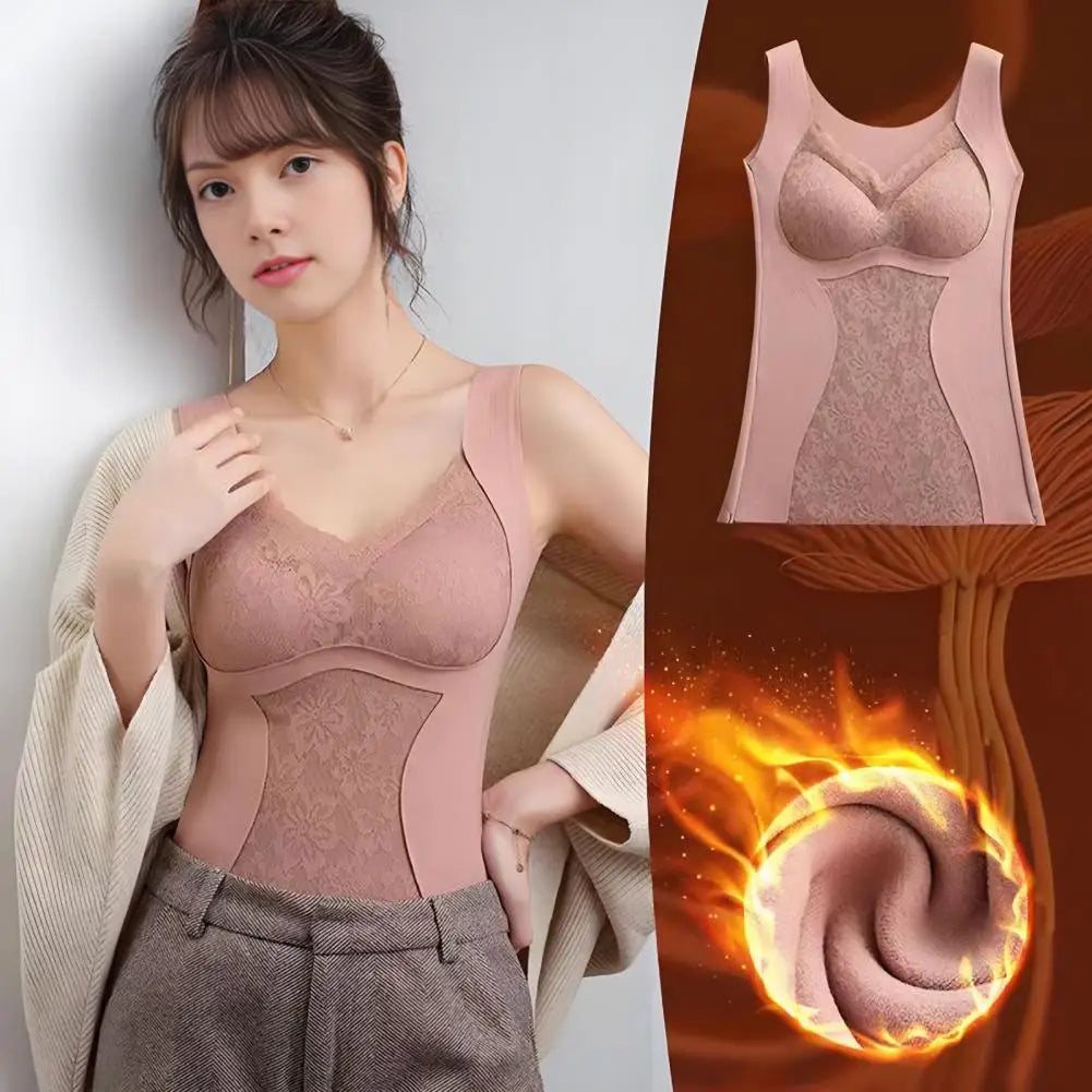 Warm Camisole Undershirts Sleeveless Thermal Tank Top for Women Fleece Lined Lace V Neck Base Layer with Built in Bra