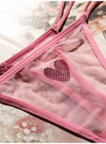 Lace Mesh Women Briefs Sexy Thong Transparent Rhinestones Heart Panties Underwear Girls G String Lingerie Fitness T Back