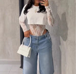 Sexy Women Crop Top+Lace Jacquard Full Sleeve Bodysuit Hottie Street Clubwear Slim Fit Wild Matching Basic Skinny Tees+Jumpsuit
