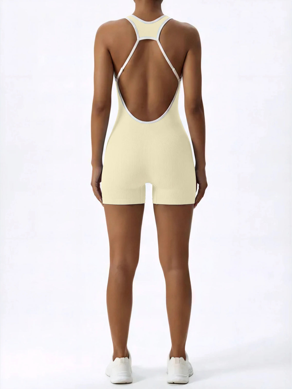 Sleeveless Contrast Trim Backless Yoga Romper Seamless Body Shaping Sport Jumpsuit for Running Training