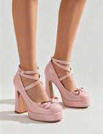Big Size 45 Women's Sweet Pink Mary Jane 10.5cm High Heels Pumps Lolita Round Toe Bow Cross-Strap Platform Chunky Heel Shoes