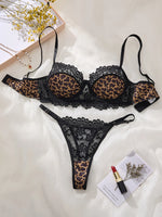 European and American style hot girl leopard print lace lingerie set-Sexy see-through half-cup shaping bra,thong pants ZA825182