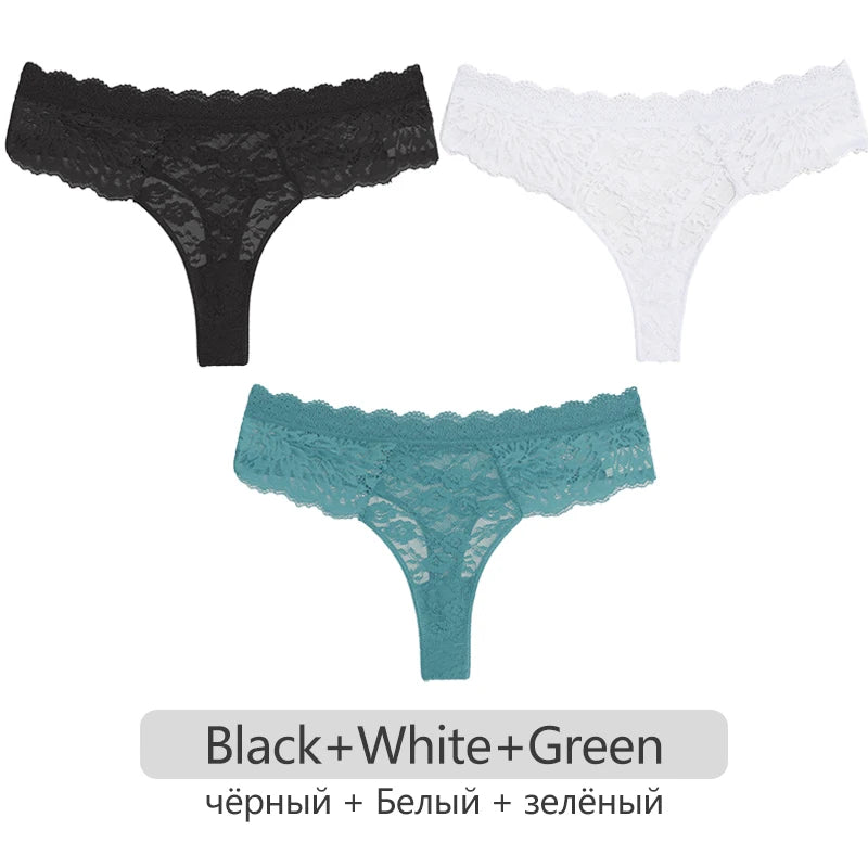 Full Lace Thongs Women 3Pcs/set Sexy G-string Underpants S-XL Ladies Floral T-Back Underwear Female Bikini Panties Girl Lingerie