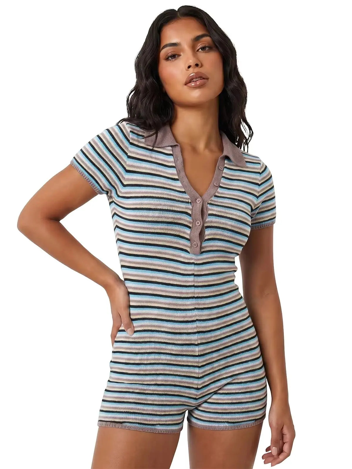 Women Summer Romper Short Sleeve Buttons Turn Down Collar Bodycon Jumpsuits Casual Daily Fashion Knit Striped Playsuits