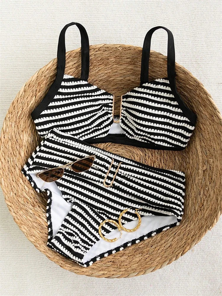 Sexy Black Striped Two Piece Bikini Set Women Metal U Neck Push Up Bra Belt High Waist Swimsuit Beach Bathing Suit Swimwear 2026