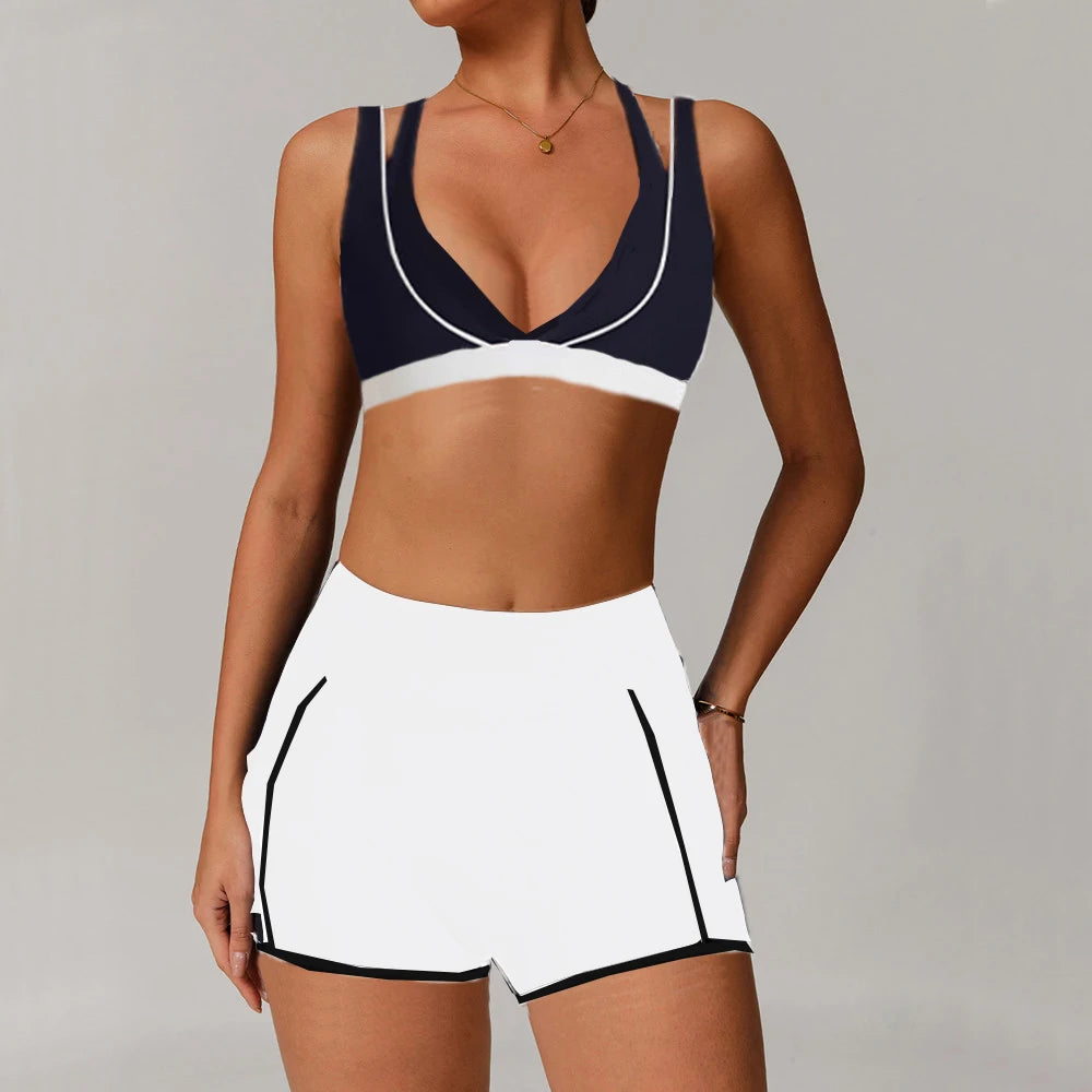 Pad 2PCS Yoga Set Sports Bras V-Neck Halter Pocket Fitness Workout Running Leggings Gym Woman Active Wear Clothing XP26
