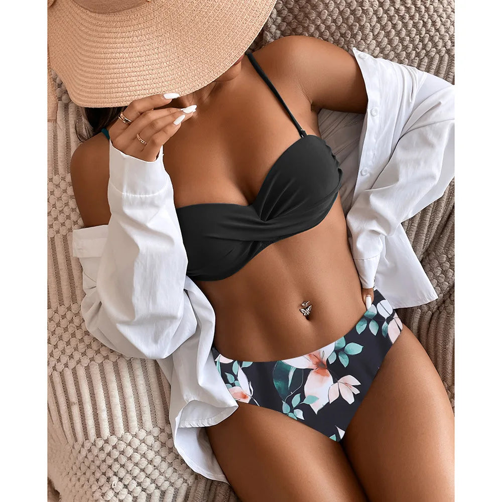Print Bandeau Bikini Swimsuit Women Push Up Bikini Set Swimwear Female High Waisted Bathing Suit Beach Wear Brazilian Biquini
