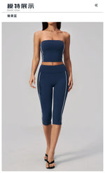 Color Blocked Strapless Yoga Suit 2 Pieces Women Sports Bra High Waist Leggings Fitness Suit Outwear Running Push Up Tracksuit