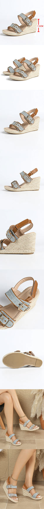 Summer Bohemian 2 Buckle Adjustable Straps Espadrille Wedge Sandals Women Leisure Roma Platform Beach Vacation High Heels Shoes