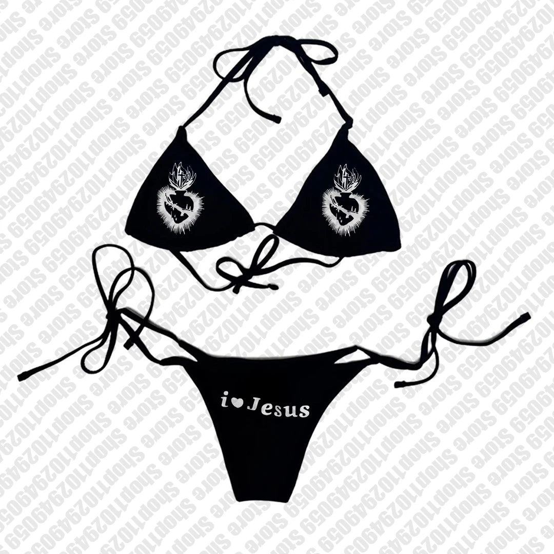 Punk Gothic Fashion Women Swimwear 2000s Emo Girls Y2k Style Letter Print Bikini Set Sexy Thong Swimsuit Two Pieces Bathing Suit