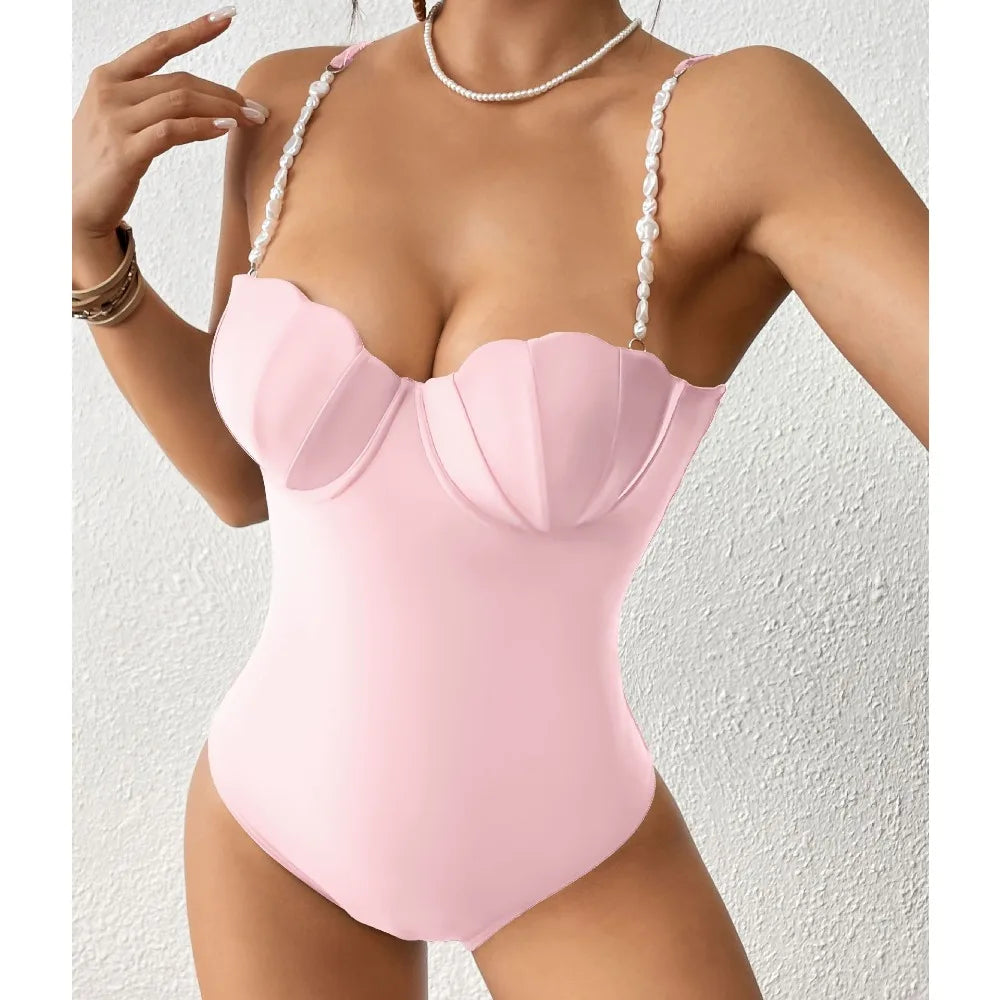 Push Up One Piece Swimsuit Female 2026 Swimwear Women Scallop Bathing Suits Summer Beach Wear Pearl Monokini Swimming Suit Black