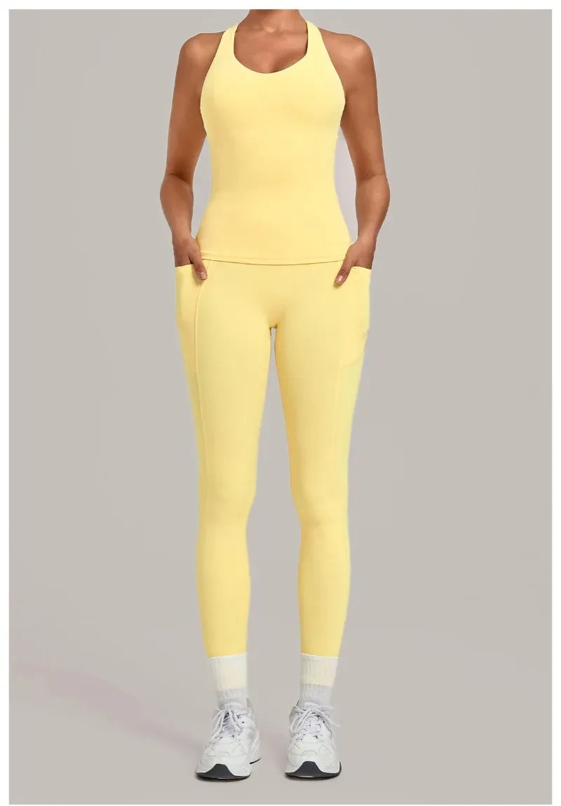 Women's Seamless Yoga Sets Sports Fitness Hip-lifting High Waist Pant Sleeveless Backless Suits Workout Running Leggings Sets