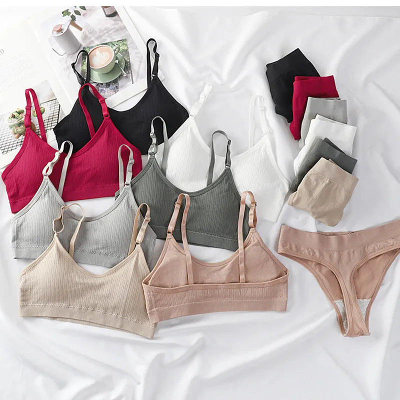 Women Padded Bra And Panties Set Wire Free Seamless Bra Sexy High Waist Thongs Underwear Sports Brassiere Female Lingerie Set