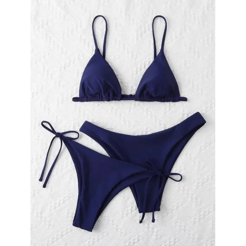 Sexy 3 Piece Bikini Set Women Solid Blue Purple Push Up Bandage Triangle Swimsuit Brazilian Beach Bathing Suit Swumwear Biquini