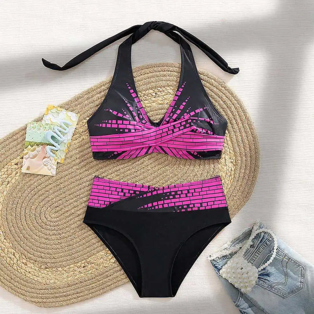 New Women High Waisted Halter Bikini Set Modest Triangle Tummy Control Swimwear Hot Spring Beach Vacation Summer Panties Sets