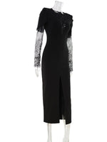 Ahagaga Eelgant Lace Women's Dress Patchwork Long Sleeves Autumn Party Slim Fit Sheath Velvet Sexy Split Trend Female Vestidos