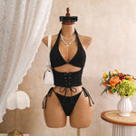 Sexy Black Plaid Print Holiday Bikinis Sets 2026 Women Bandage Cross Fishbone Top 3 Piece Swimsuit Summer Bathing Suit Swimwear