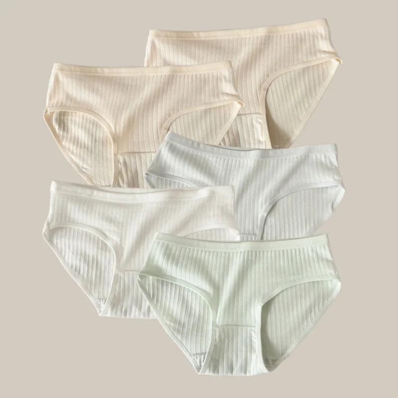 5Pcs/Set Women Cotton Briefs Ribbed Panties Low Rise Underwear Female Underpants Solid Color Sexy Lingerie Soft Intimates M-XL