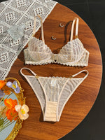French Style Beige Lace Bra and Panties Set Women Sexy Eyelash Lace Underwear Transparent Mesh Two Piece Lingerieeige