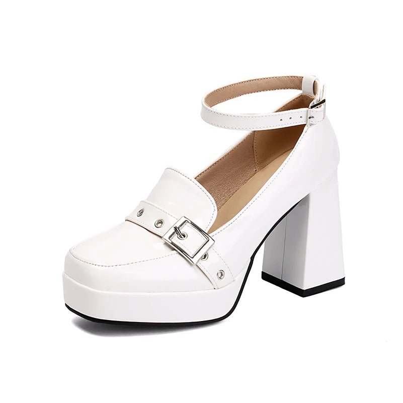 Plus Size Smooth Patent Leather Instep Metal Belt Square Buckle Platform High Thick Heel Ankle Buckle Sweet Lolita High Heels