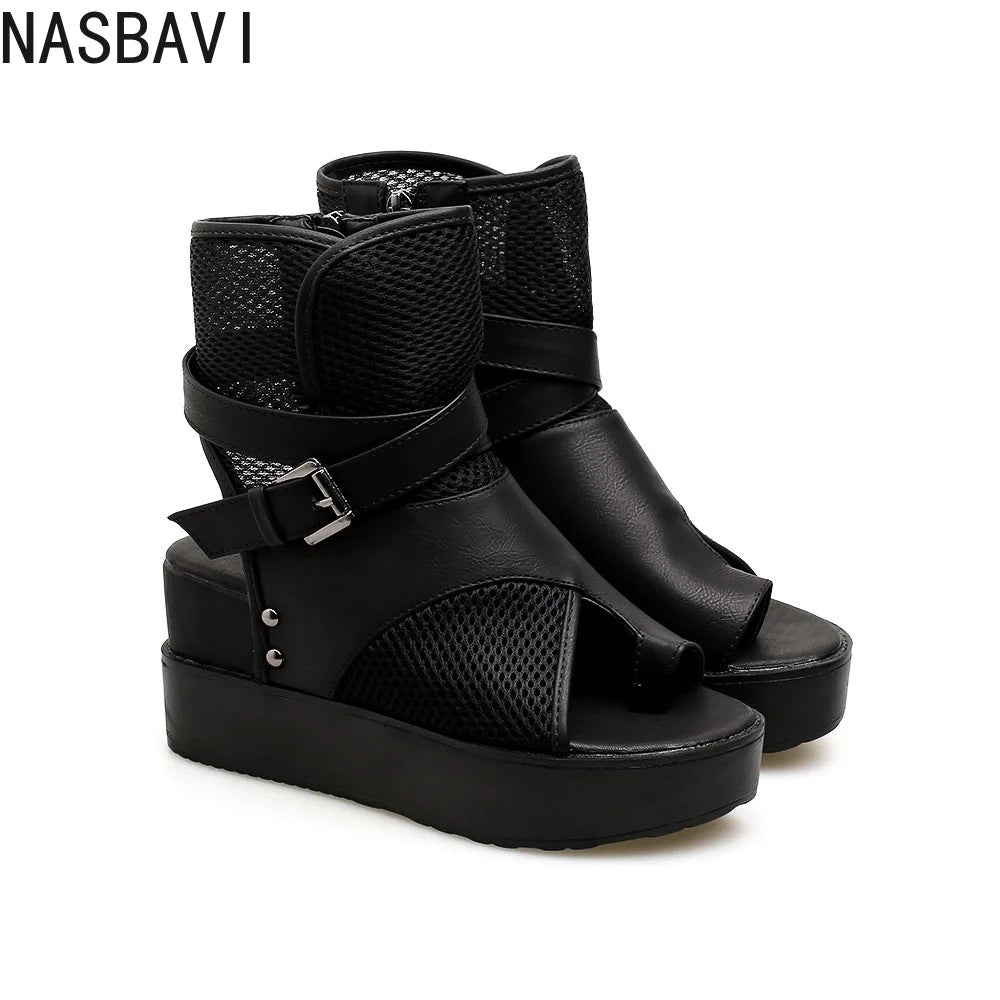 2026 Sexy Black Women Wedge Platform Sandals Summer Ladies Cool Boots Zipper Open Toe Sandalias Breathable Female Roman Shoes
