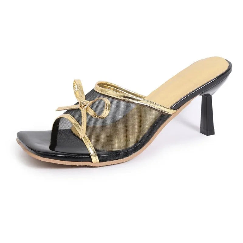 Female Round Toe Ladies Heels Slippers Shoes Butterfly-Knot Fashion Mesh Women Heeled Slippers Slides Sandals Shoes Pumps