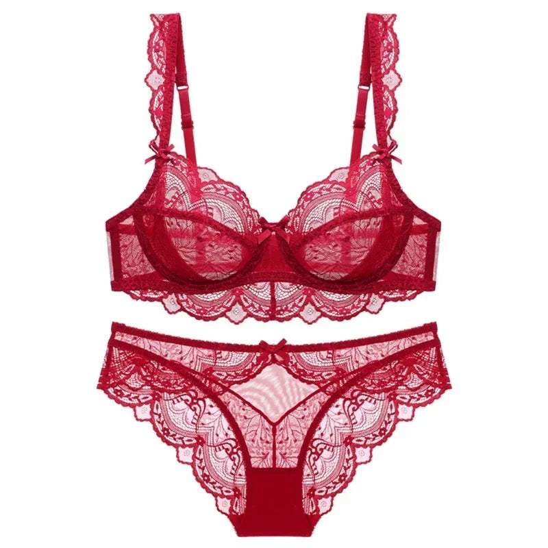 MOYISU Pure Desire Lace Bra Set Women Sexy Anti-Sag Push Up Bralette Sheer Underwear for Big/Small Chest Comfort Support